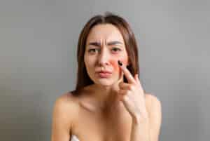 A woman with rosacea looking at her cheeks